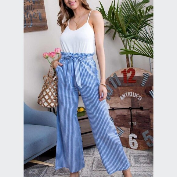 Blue White Contrast Stripe Ruffle Waist Jumpsuit - Picture 2 of 4